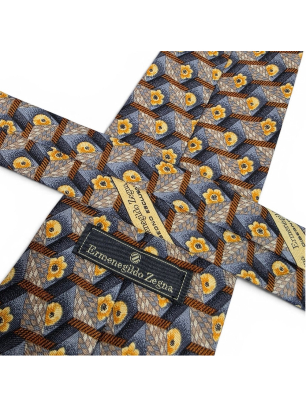 Ermenegildo Zegna Silk Tie Gray Gold Geometric Floral Italian Designer Tie - Picture 5 of 8